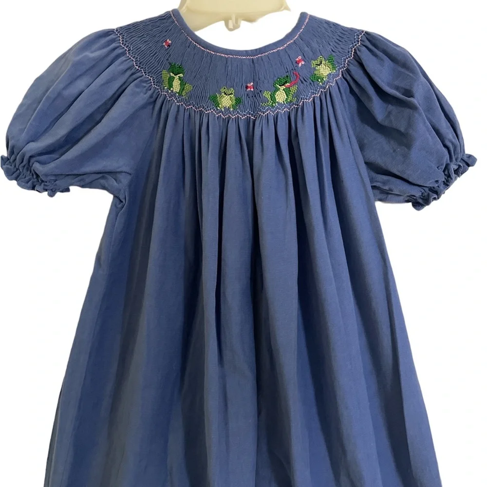 Anavini girls smocked frogs bishop long corduroy dress blue pink 6X - Picture 2 of 7